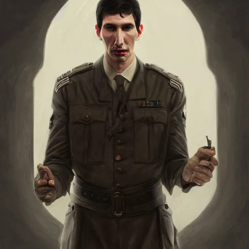Image similar to portrait of adam driver feeding john oliver, standing together, stoic, full body, military uniform, fantasy, intricate, elegant, beautiful, highly detailed, charcoal, centered, dark, smokey, digital painting, artstation, concept art, smooth, sharp focus, illustration, art by artgerm and greg rutkowski and alphonse mucha