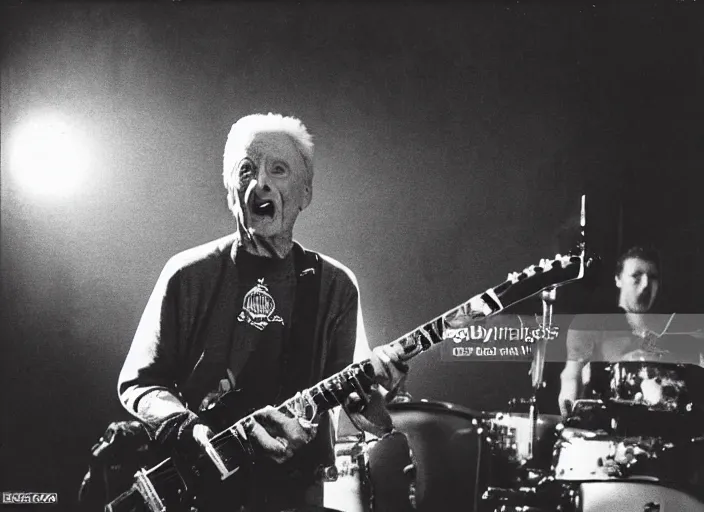 Prompt: publicity photo still of bob barker in a death metal band playing live on stage, 8 k, live concert lighting, mid shot