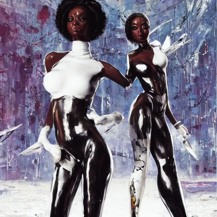 Image similar to slim and cute african domme mistress, full body, black supremacy, rubber and latex, postapocalyptic, smooth white surroundings, future, high tech, concept art, realistic painting, digital art by john berkey, by takashi murakami