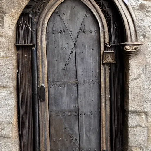 Image similar to A ajar door with a sleeping human face hangs on loops, medieval style, dramatic lighting, medieval style, dramatic lighting