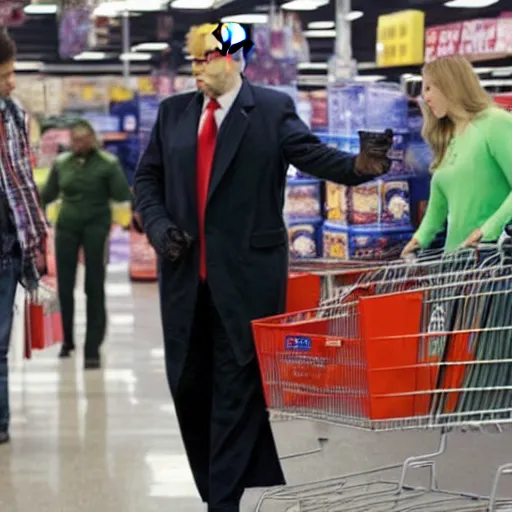 Image similar to photograph of zombie donald trump shopping at walmart in the bronx, movie still, 4 k