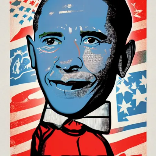 Image similar to Obama, graphic illustration by Jamie Hewlett, bold colors