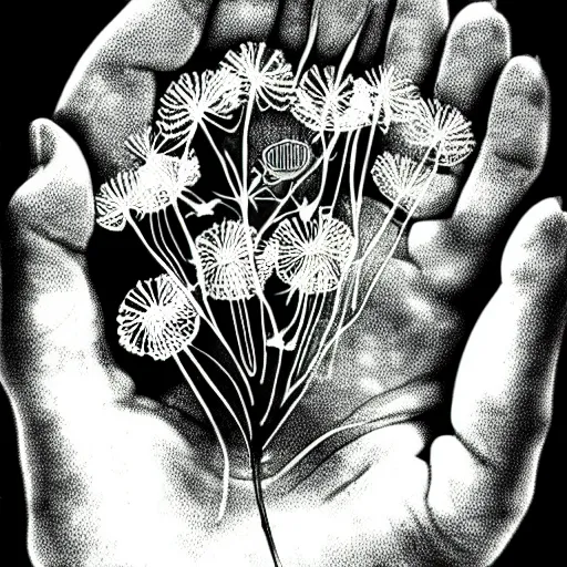 Image similar to a hand with dandelions growing out of it, pen and ink style