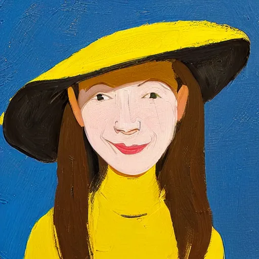 Prompt: smiling girl with hat, by alex katz, close-up, colorful, yellow background