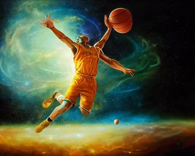 Image similar to cosmic basketball player dunking in a nebula, an oil painting, by ( leonardo da vinci ) and greg rutkowski and rafal olbinski ross tran airbrush time magazine