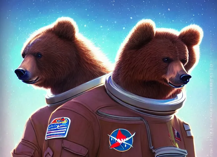 Image similar to character portrait feature of the anthro male anthropomorphic kamchatka brown bear fursona wearing cosmonaut outfit uniform professional pilot astronaut cosmonaut character design stylized by charlie bowater, ross tran, artgerm, and makoto shinkai, detailed, soft lighting, rendered in octane