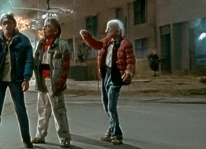 Image similar to screenshot from the iconic scene from the lost Back to the Future film directed by Martin Scorsese, cinematic lighting, unsettling set design with extreme detail, moody cinematography, with anamorphic lenses, crisp, detailed, 4k image, starring Marty Mcfly