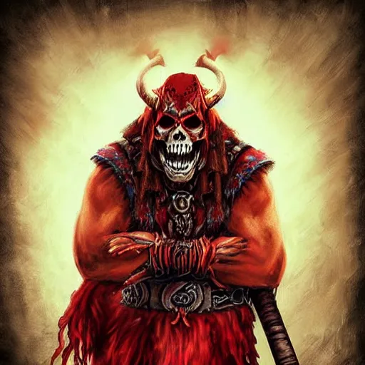 Image similar to red orc shaman, red theme lighting, skull staff, skull garments, battlefield background, in warcraft art style, epic fantasy style art, fantasy epic digital art, epic fantasy card game art