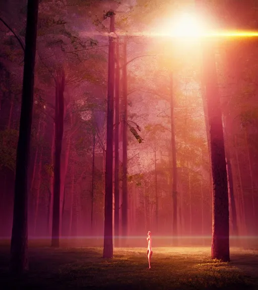 Image similar to night flashlight photography of the symmetric daydreaming of the god of sun glare, fluid dance of the blockchain big cotton sheets in the center of the air, cyberpunk forest, majestic light, octane render, beauty fog, ethereal glare of the sun, raining rainbow, volumetric lighting, hyperealistic, epic, masterpiece