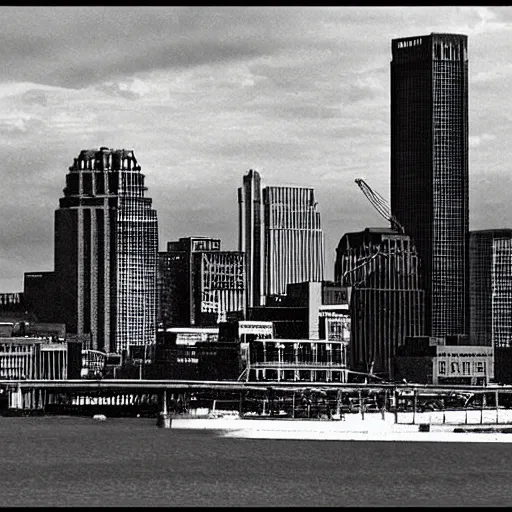 Prompt: albany skyline with godzilla attacking the corning tower, old movie