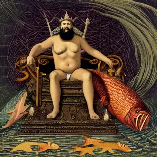 Image similar to The illustration shows a mythological scene. A large, bearded man is shown seated on a throne, surrounded by sea creatures. He has a trident in one hand and a shield in the other. Behind him is a large fish, and in front of him are two smaller creatures. rococopunk by William Wegman, by John Atkinson Grimshaw angular, kaleidoscopic