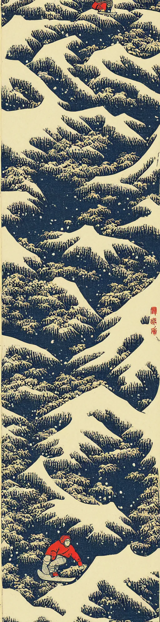 Image similar to man snowboarding carving tracks woodblock print, style of hokusai, fine art, style of kanagawa, winter painting