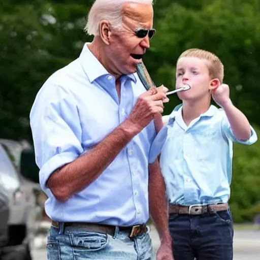 Image similar to a candid photo of joe biden smoking crack cocaine with his son.