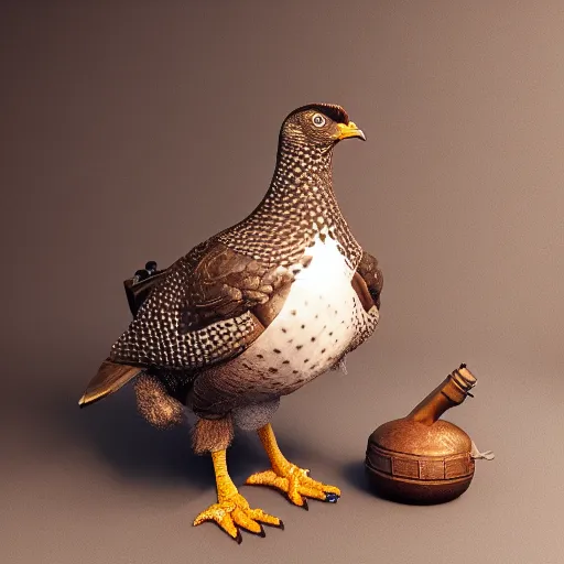 Image similar to a 3 d model of a grouse holding a blunderbuss, studio lighting, octane render, hyper detailed, product photography, 8 k, highly detailed