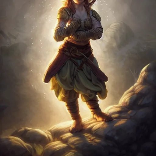 Image similar to full body portrait of a female halfling hobbit monk fistfighter warrior, communing with her goddess of mist and light, flowing robes and leather armor, detailed dynamic light painting by albrecht anker and peter mohrbacher