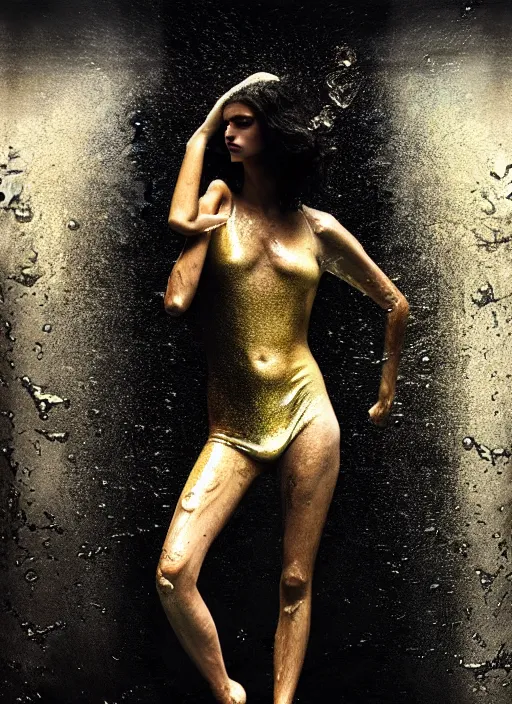 Prompt: fierce wet fashion model, in the style of irakli nadar, liquid metallic top, effervescent, dark, brooding, poster art, high detail, hyperrealistic watercolor, deep mood, hyperrealism, 3 d, epic and cinematic, roger deakins on cinematography