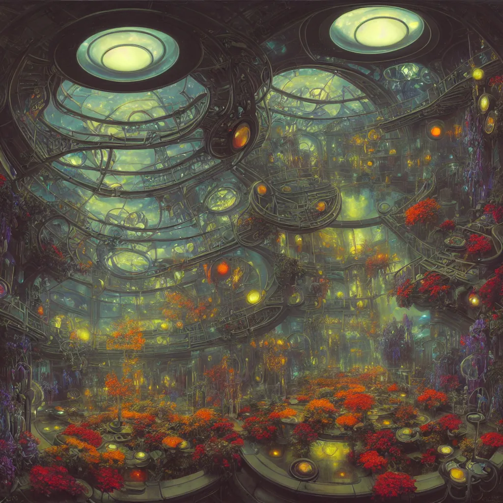 Image similar to fish eye lens a bright minimalist bioluminescent oil painting by donato giancola, warm coloured, cinematic scifi luxurious futuristic foggy steam filled victorian garden mall interior with microscopy radial windows flowers growing out of pretty bulbous ceramic fountains, gigantic pillars and flowers, maschinen krieger, beeple, star trek, star wars, ilm, atmospheric perspective