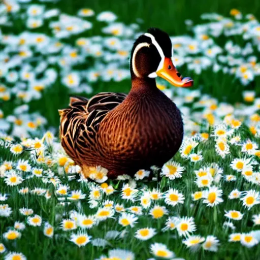 Prompt: a duck in a field of daisies on a bright sunny day, duck surrounded by daisies, with clouds in the sky, lots of little daisies in the field, disney pixar style