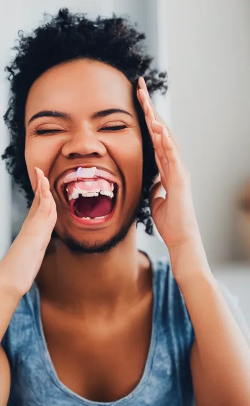 Image similar to a close up of a person's face with a big smile while they're doing something they love