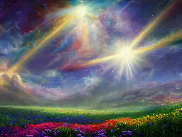 Image similar to a fine painting of a glorious place where the heavens open to the great cosmos, where flowers are launched into the unknown 8 k, ultra realistic, lens flare, atmosphere, glow, detailed, intricate, full of colour, cinematic lighting, trending on artstation, 4 k, hyperrealistic, focused, extreme details, unreal engine 5, cinematic, masterpiece