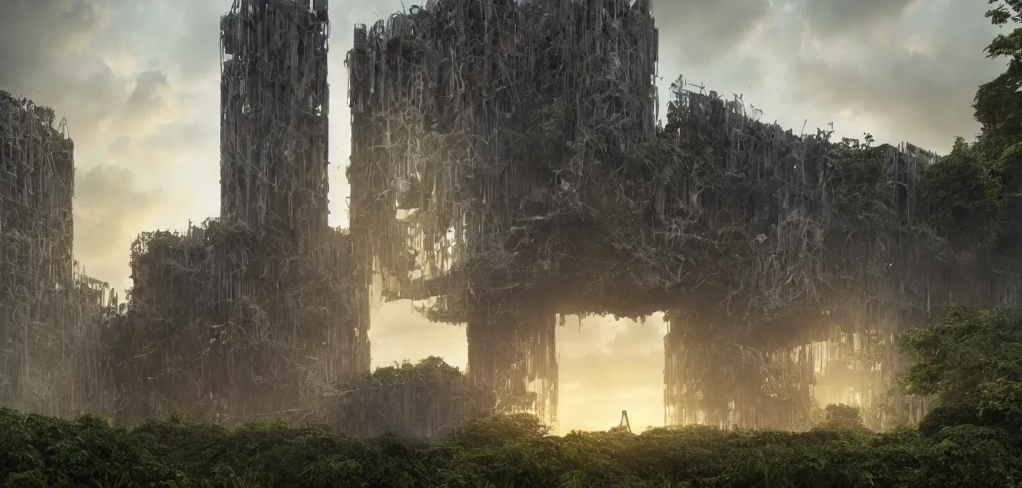 Image similar to a cathedral of brutalist architecture, surrounded by lush green vegetation, stunning volumetric lighting, sunset, metal, concrete, translucent material, stunning skies, scattered rubbish and debris, 8k, photorealistic, hyper detailed, unreal engine 5, IMAX quality, cinematic, epic lighting, digital painting in the style of DOOM and Quake, by Greg Rutkowski, trending on Artstation