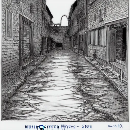 Image similar to water flowing through the streets in old city, sideview, drawing by moebius