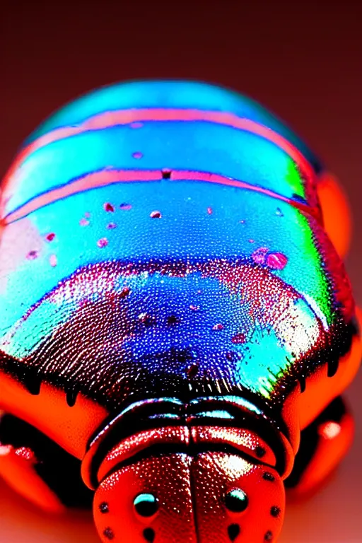 Prompt: high quality macro photo iridescent Red spotted crystal beetle! gorgeous highly detailed david ligare elson peter cinematic blue lighting high quality low angle hd 8k sharp shallow depth of field