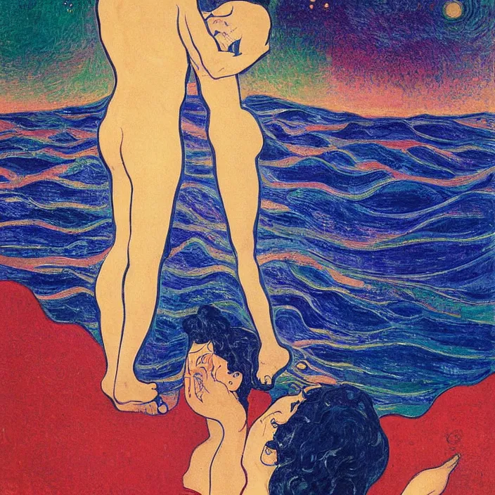 Image similar to close view of woman and man kissing. tsunami great wave, night with stars. iridescent, vivid psychedelic colors. painting by munch, rene magritte, felix vallotton, agnes pelton, egon schiele, henri de toulouse - lautrec, utamaro, monet