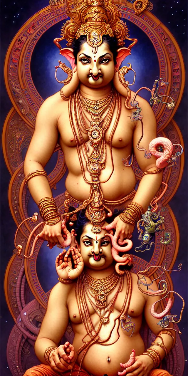 Image similar to beautiful hindu god vinayak ganapati ganesh art nouveau fantasy character portrait, ultra realistic, intricate details, the fifth element artifacts, highly detailed by peter mohrbacher, hajime sorayama, wayne barlowe, boris vallejo, aaron horkey, gaston bussiere, craig mullins alphonse mucha, arty nouveau curves and spirals,