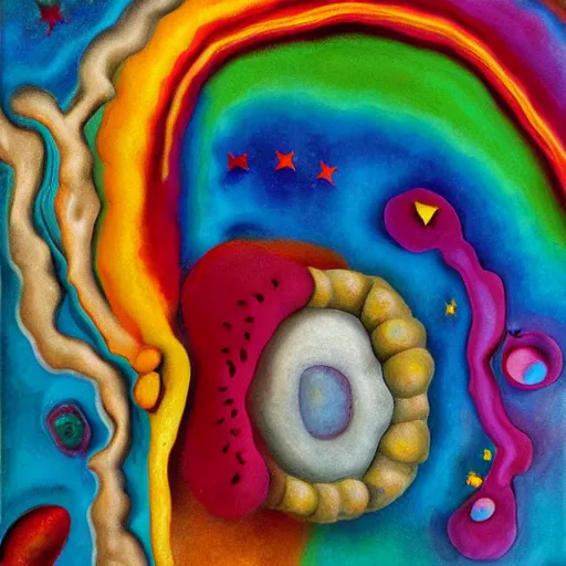 Image similar to an extremely high quality hd surrealism painting of the 3 d soul of polymer clay rainbow skinner blends by dali and kandinsky on a starry black canvas, 8 k, ultra realistic