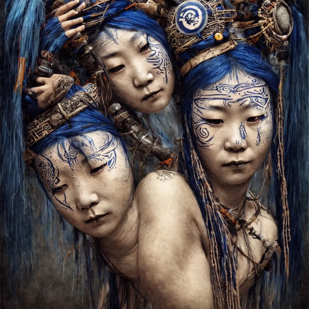 Image similar to A young blindfolded shaman japanese woman with a decorated headband performing a pagan ritual, in the style of heilung, blue hair dreadlocks and wood on her head, tribal piercing and tatoos , atmospheric lighting, intricate detail, cgsociety, ambient light, dynamic lighting, art by karol bak