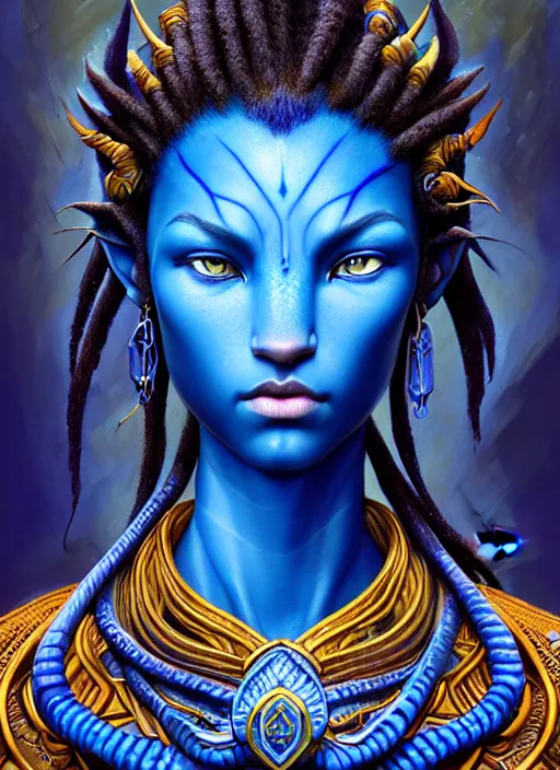 Image similar to : blue avatar, fantasy magic,, intricate, sharp focus, illustration, highly detailed, digital painting, concept art, jahbu art and paul lewin and kehinde wiley, james cameron masterpiece