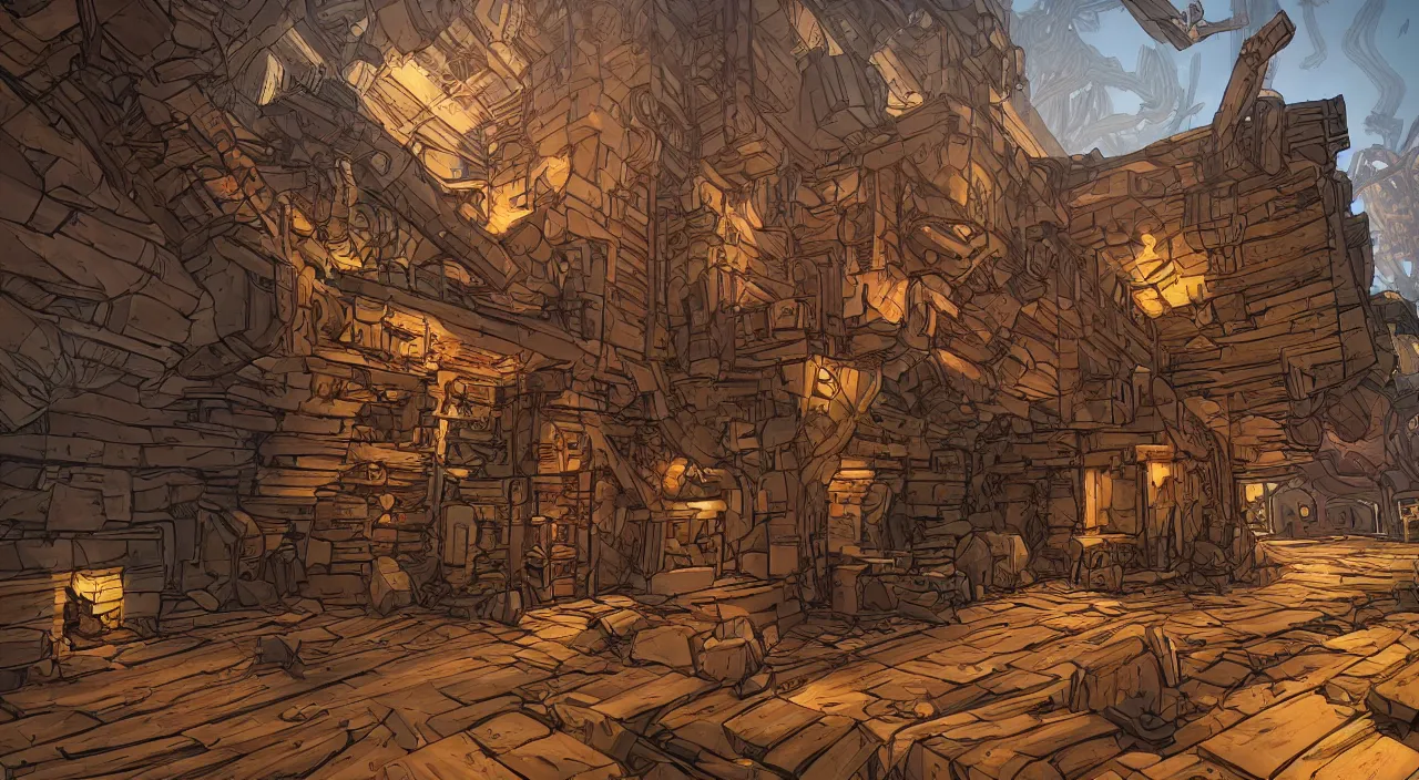 Image similar to wood wall fortress greeble block amazon jungle portal door unknow world global illumination ray tracing ambiant torch fornite that looks like it is from borderlands and by feng zhu and loish and laurie greasley, victo ngai, andreas rocha, john harris