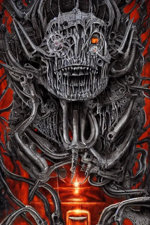 Prompt: Moloch, whose mind is pure machinery, eerie, sinister, horror, illustrated by Anne Stokes and H R Giger and Adrian Borda, super detailed, 4k, 8k