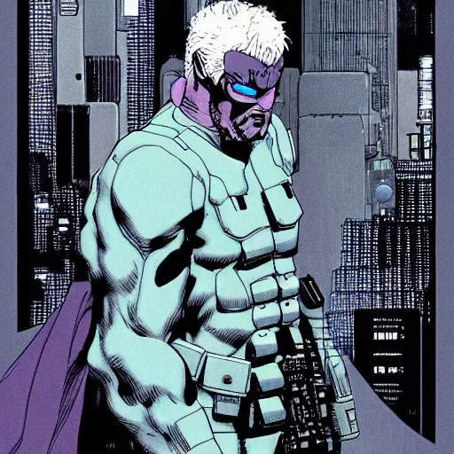 Prompt: Batou in the style of Ghost in the shell. Moebius, cyberpunk, masterpiece