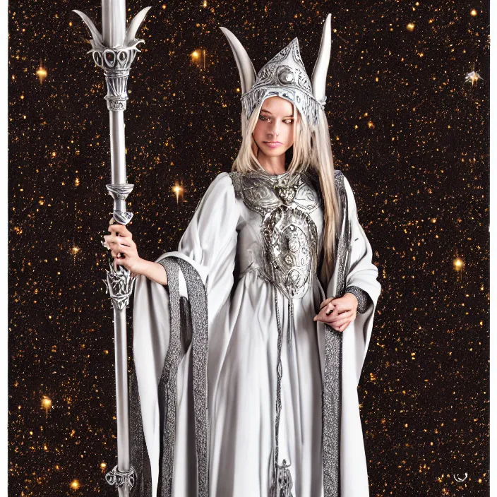 Image similar to photograph of a real-life beautiful lunar witch with ornate silver robes and staff. Extremely detailed. 8k