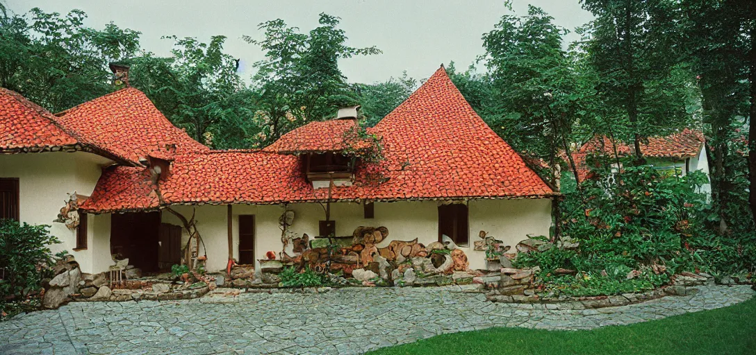 Image similar to house in carpathian vernacular style. outdoor landscaping designed by roberto burle marx. fujinon premista 1 9 - 4 5 mm t 2. 9. portra 8 0 0.