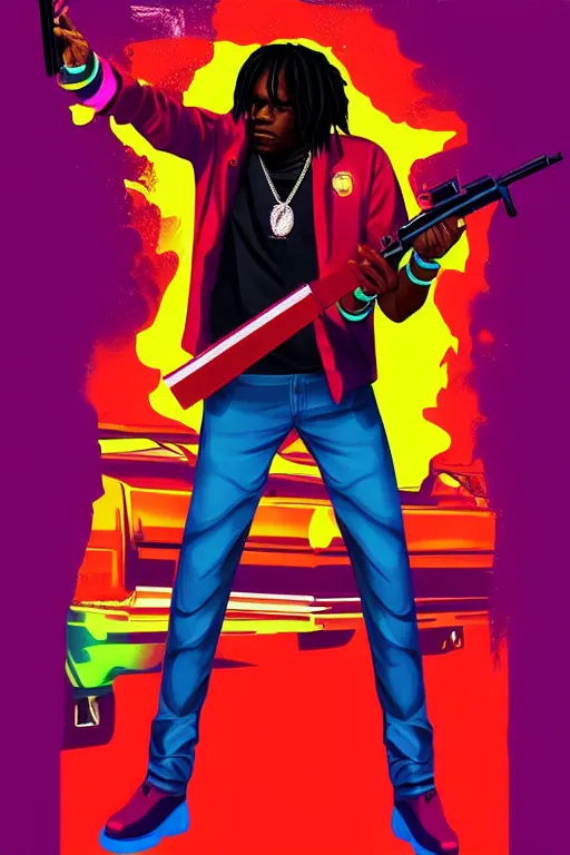 Image similar to chief keef with riffle, gta vice city style, pop art, no duplicate image, glowing lights, ultra details, digital painting, artstation, concept art, smooth, sharp focus, illustration, intecrate details, art by richard hamilton and mimmo rottela, pixels art by kirokaze and paul robertson