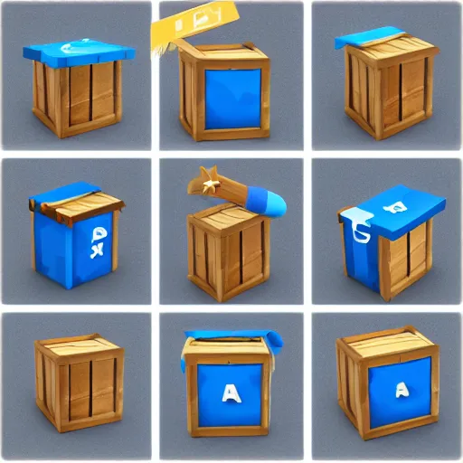 Image similar to cubby wooden crate 3 d icons for mobile game, stylized, blue scheme, octane render, studio lighting