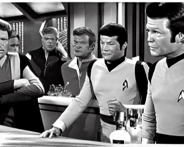 Prompt: tv still, star trek, captain kirk and doctor mccoy drunk, sitting at the bar, 1968, cdx