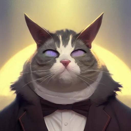 Image similar to [ chubby tabby in tuxedo ] on acid, cinematic, heavenly, volumetric light highly detailed, digital painting, artstation, concept art scene, smooth, sharp focus, epic illustration, unreal engine 5, 8 k illustration by bouguereau and greg rutkowski and edgar maxence