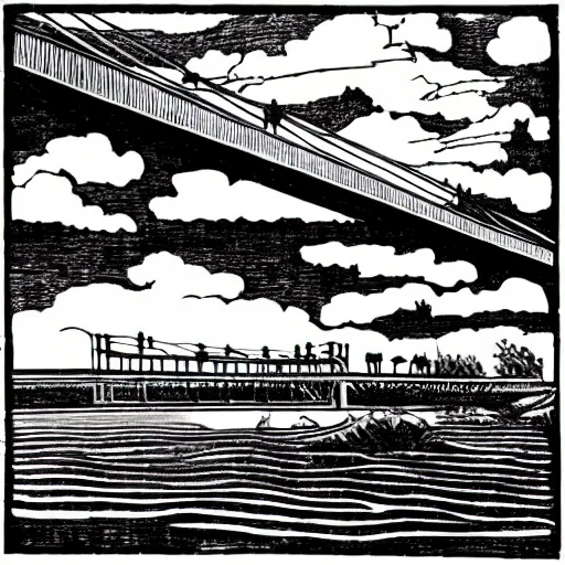 Prompt: small steel suspension bridge built in 1 9 2 8, side view, puffy clouds in background, woodcut style, 8 k