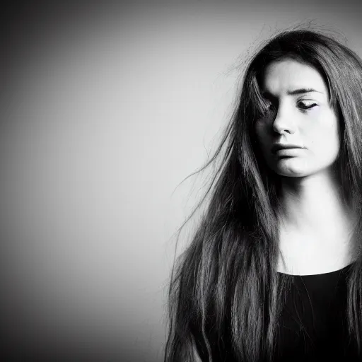 Prompt: masterpiece photo of a melancholic portrait of an aesthetic beautiful 30 years old woman, with mid long hair, canon 50mm, monochromatic, background blur