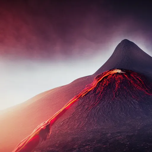 Image similar to magma dragon lord in front of a volcano, foggy, high contrast, deep shadows, 4k, 3d octane render