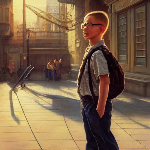 Prompt: Portrait A boy with glasses waiting for the bus, digital painting, artstation, concept art, donato giancola, Joseph Christian Leyendecker, WLOP, Boris Vallejo, Breathtaking, 8k resolution, extremely detailed, beautiful, establishing shot, artistic, hyperrealistic, octane render, cinematic lighting, dramatic lighting, masterpiece, light brazen, extremely detailed and beautiful face