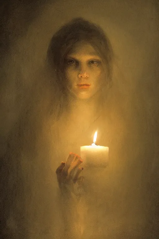 Image similar to Spirit holding a candle in the middle of the room, horror, illustrated by Greg Rutkowski and Caspar David Friedrich., Trending on artstation, artstationHD, artstationHQ, 4k, 8k