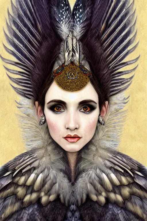 Image similar to head and shoulders portrait of a harpy, eagle wings, feathers, beautiful, female, magical, high fantasy, d & d, by klimt, face details, extremely detailed, digital illustration