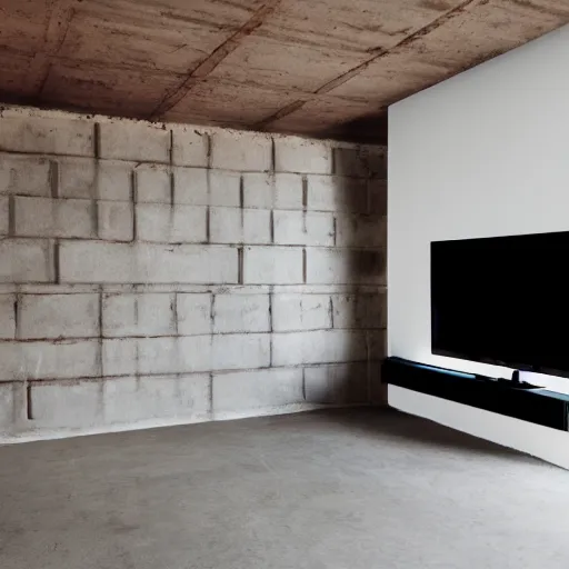 Image similar to hyper realistic one point perspective of living room, wood, concrete, brick