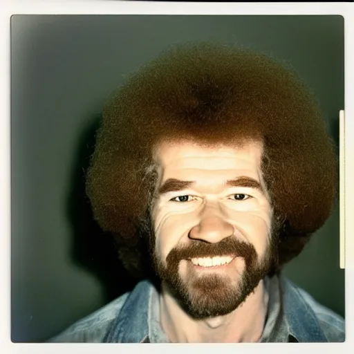 Prompt: Mugshot Portrait of Bob Ross with a buzzcut, taken in the 1970s, photo taken on a 1970s polaroid camera, grainy, real life, hyperrealistic, ultra realistic, realistic, highly detailed, epic, HD quality, 8k resolution, body and headshot, film still, front facing, front view, headshot and bodyshot, detailed face, very detailed face