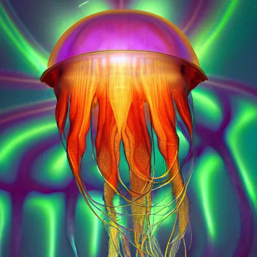 Prompt: a jellyfish, trending on cgsociety, abstract illusionism, global illumination, iridescent, holographic